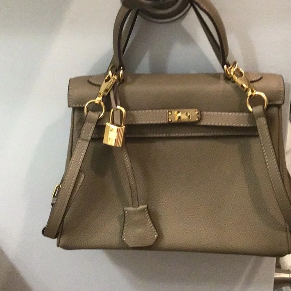 New Elegant Taupe Designer Inspired Satchel Bag with crossbody strap. - Picture 10 of 12
